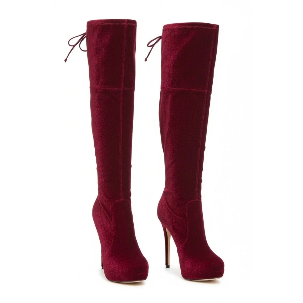 Bebe Giaa Velvet Burgundy Over The Knee Stiletto Heel Boots Size 8 Glam NWB‎